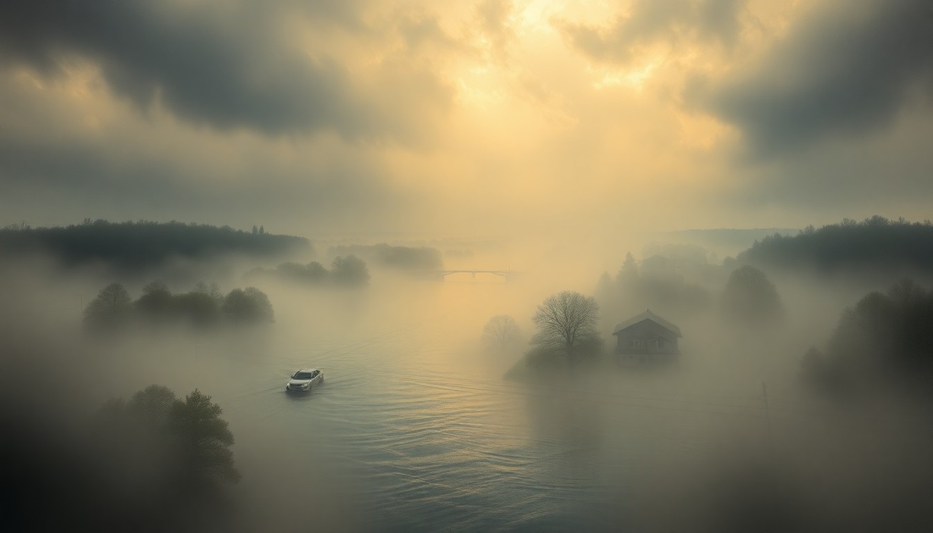 A vast, atmospheric landscape painting depicting the Clinton River overflowing its banks and submerging a residential neighborhood in a shroud of heavy fog and dramatic lighting, conveying the overwhelming power of the natural disaster.