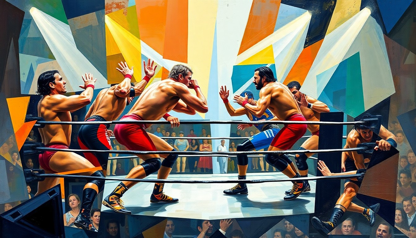 A cubist-style painting depicting a TNA wrestling match, with the wrestlers' bodies and the ring broken down into sharp, overlapping geometric shapes in a vibrant color palette, capturing the intensity and chaos of the action.