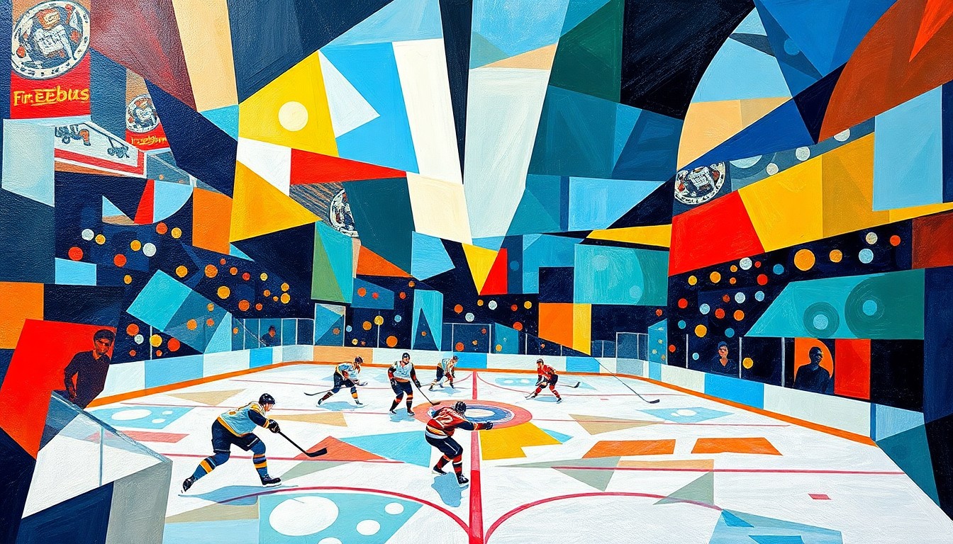 A cubist, geometric painting depicting a hockey game in abstract, angular shapes and planes of color, with the puck and players' movements creating dynamic lines of motion across the canvas.
