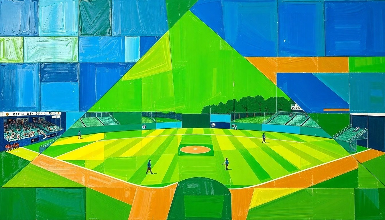 A cubist-style painting depicting a high school softball game broken down into overlapping geometric shapes and planes of bright green, blue, and gold, conveying the dynamic energy and competitive spirit of the sport.