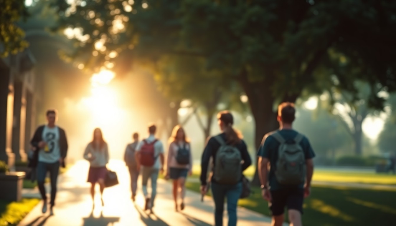An abstract, impressionistic scene of students walking across a college campus, with soft, blurred pools of warm light and color, conveying a sense of distance and detachment from the student government election process.