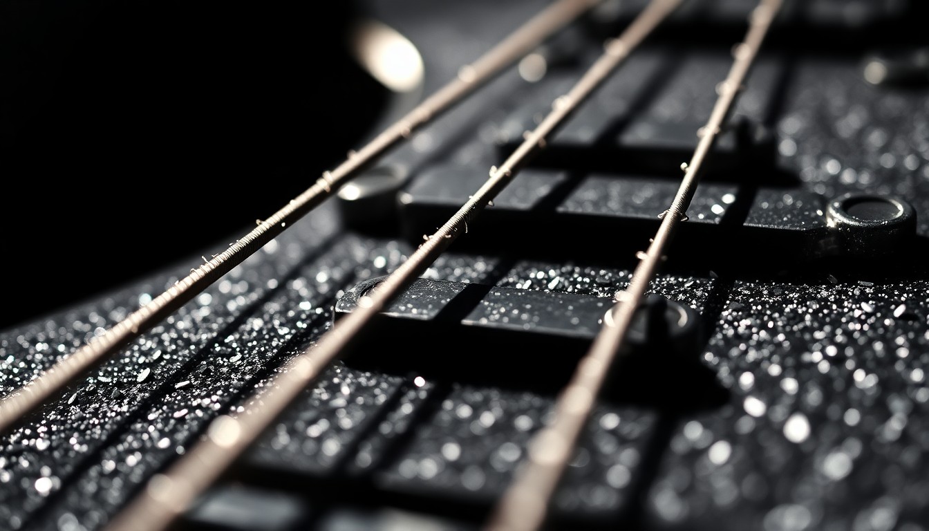 An abstract close-up photograph of heavily textured, glittering metal guitar strings, capturing the gritty, high-fashion glamour of the heavy metal genre.