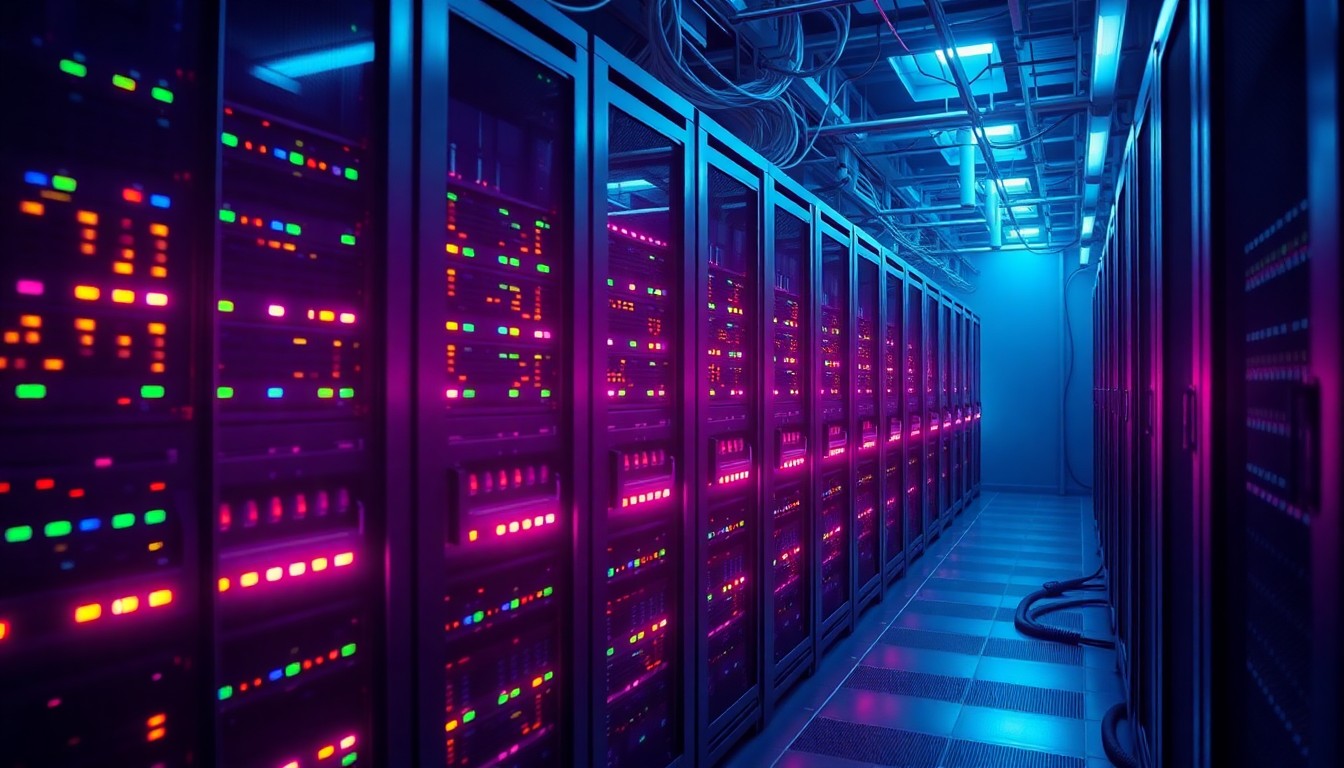 A highly detailed 3D illustration of glowing, neon-lit data server racks and cables, representing the physical infrastructure of the data center industry. The scene has a moody, high-tech cyberpunk vibe with deep blues, purples, and greens.