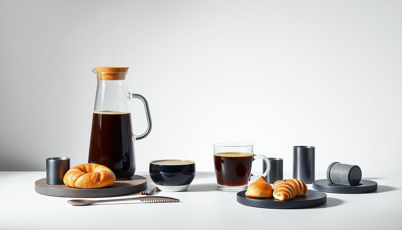 A high-end, photorealistic studio still-life photograph featuring a sleek glass carafe filled with nitrogen-infused cold brew coffee, accompanied by a selection of artisanal pastries and coffee accessories arranged elegantly on a clean, monochromatic background, conceptually representing the premium quality and innovative nature of The Nitro Bar's products.