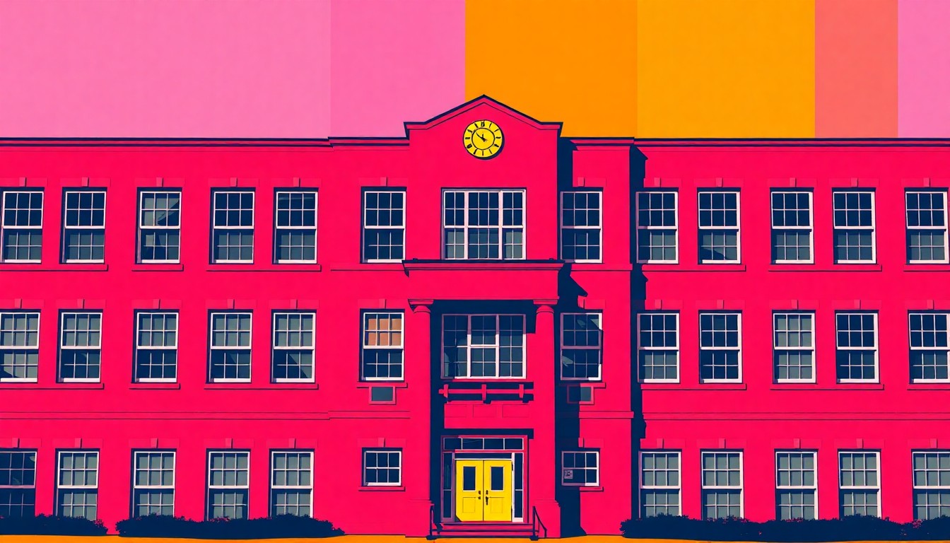A highly stylized, abstract silkscreen illustration of a school building facade, rendered in bold, neon-like colors and heavy black outlines, conceptually representing the celebratory energy of a community event.