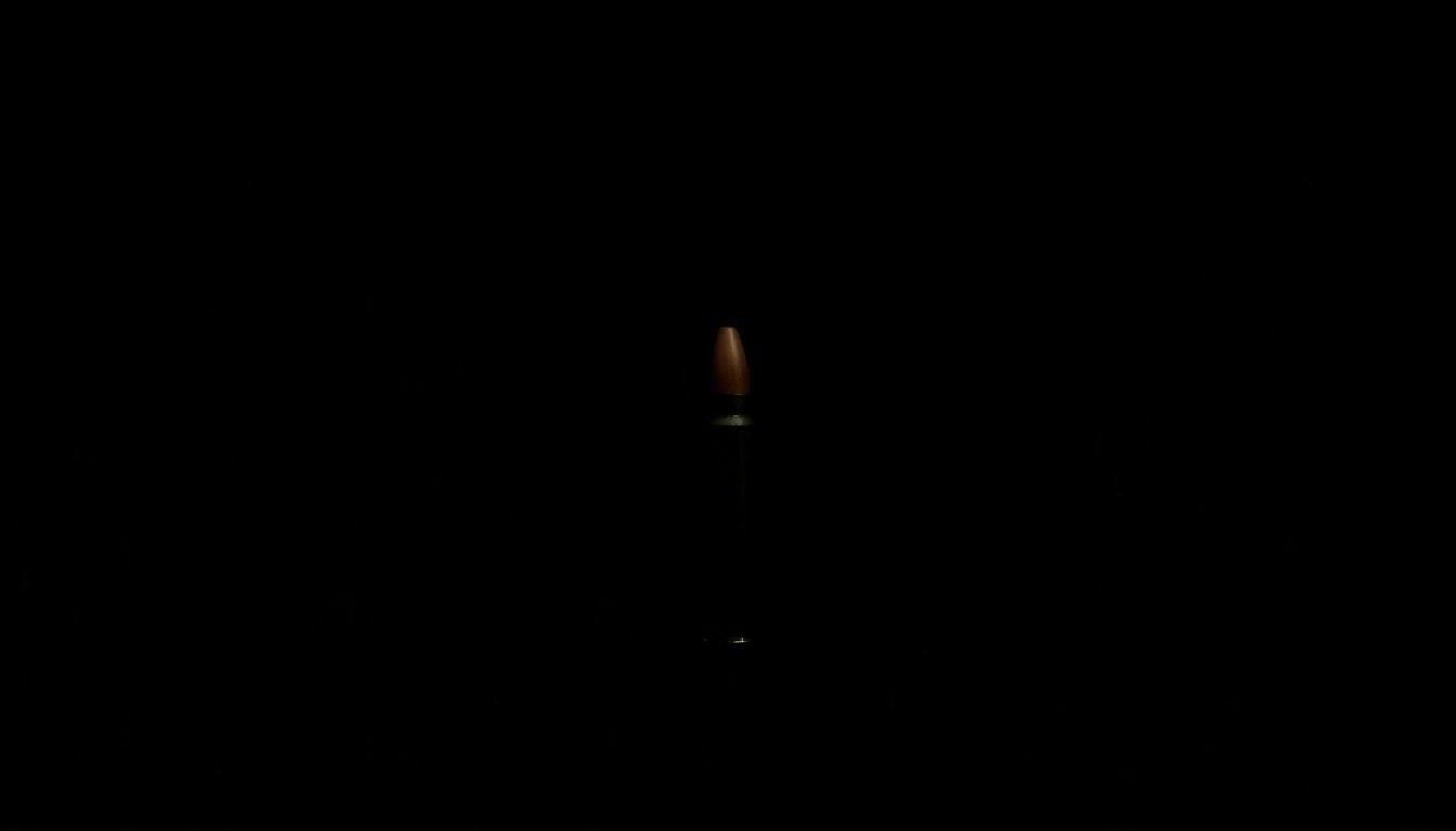 An extreme close-up photograph of a single bullet casing against a pitch-black background, lit by a harsh camera flash, conceptually representing the violent crime and the investigative process to uncover the truth.