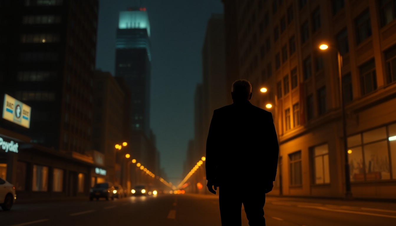 A moody, cinematic painting of a lone political figure standing on a dimly lit urban street, with the faint glow of skyscrapers in the background, conceptually representing the mayor's isolation from an important community.