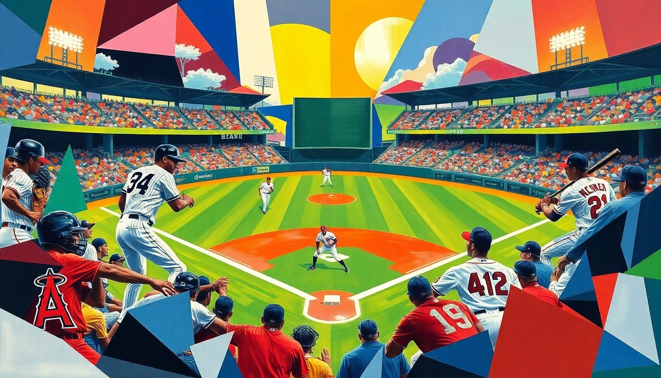 A fragmented, geometric painting in bold colors depicts the dynamic action of a baseball game, with the players' forms broken down into sharp, overlapping planes that convey the intensity of the competition.