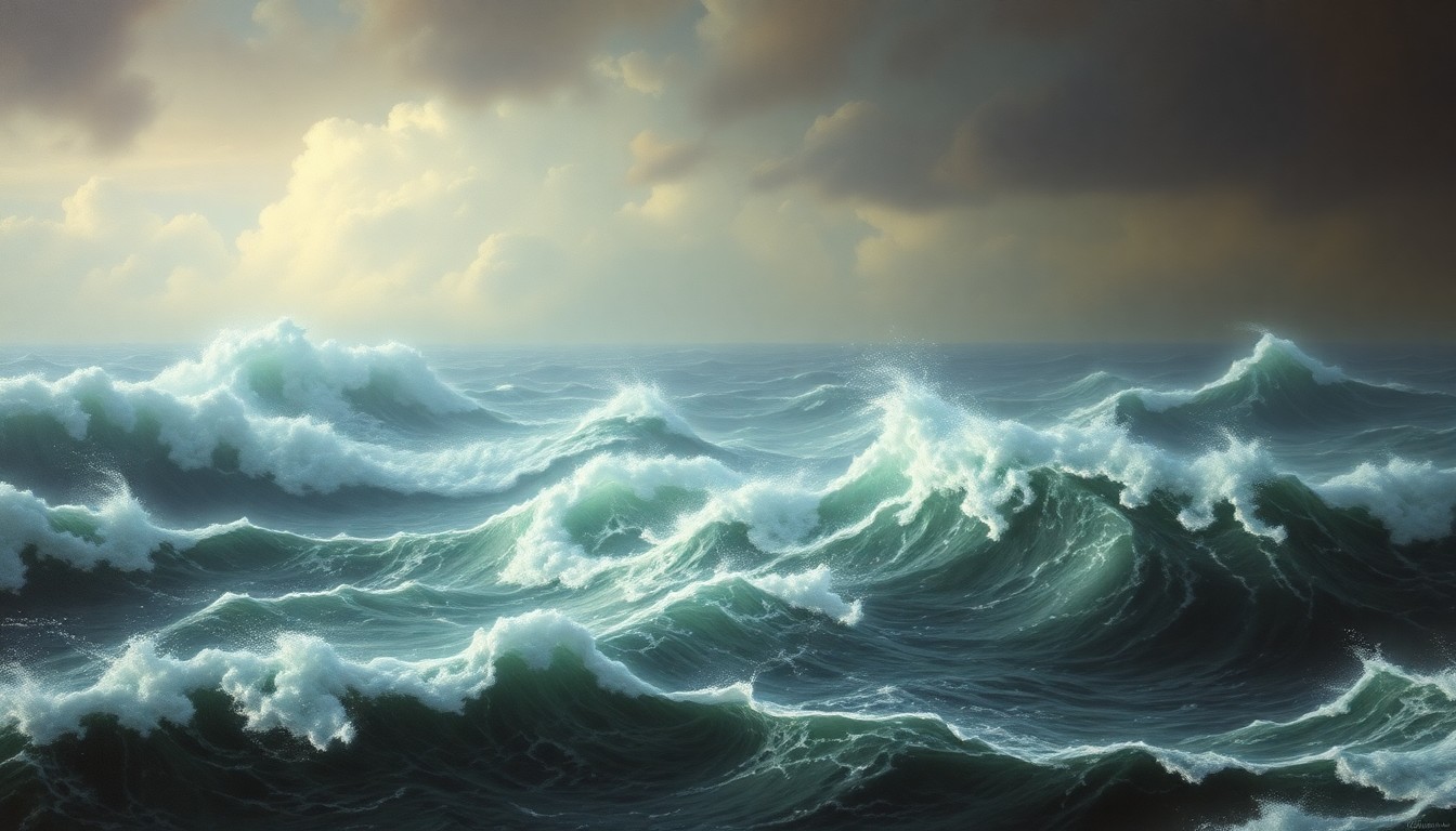 A sweeping, atmospheric landscape painting depicting a small figure caught in the turbulent waves of a stormy ocean, conveying the overwhelming power of nature.