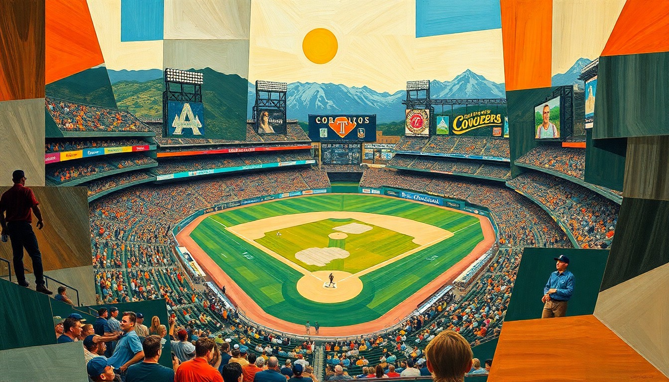 A fragmented, geometric painting depicting a Colorado Rockies baseball game at Coors Field, with the players, fans, and stadium broken down into abstract shapes and planes of green, blue, and orange, conveying the disruption and security issues caused by unauthorized drone flights.