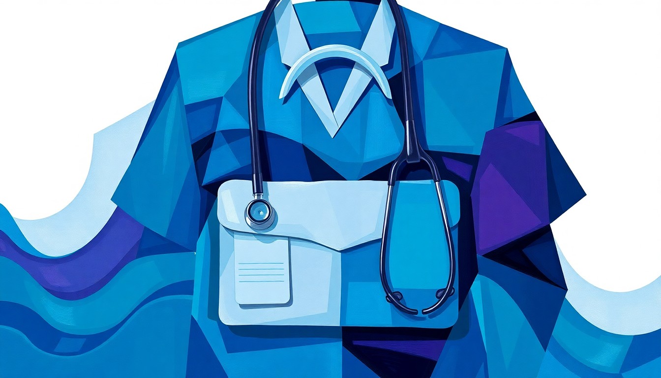 A conceptual editorial illustration featuring a fractured, geometric painting of a Venezuelan doctor's medical bag and stethoscope in overlapping waves of deep blue, teal, and violet, representing the disruption to healthcare access caused by immigration enforcement.