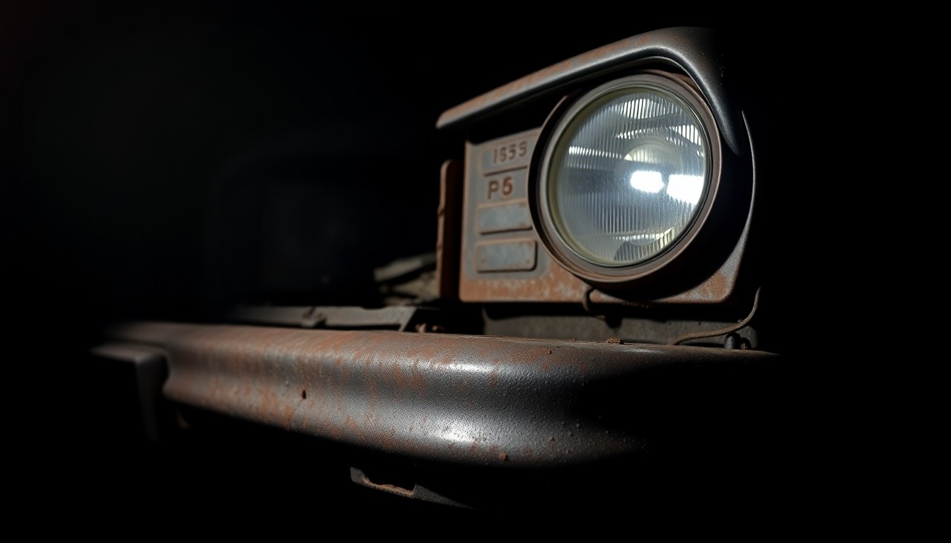 An extreme close-up photograph of a rusted car part, capturing the texture and material details in a stark, dramatic lighting that evokes a sense of investigation and mystery.