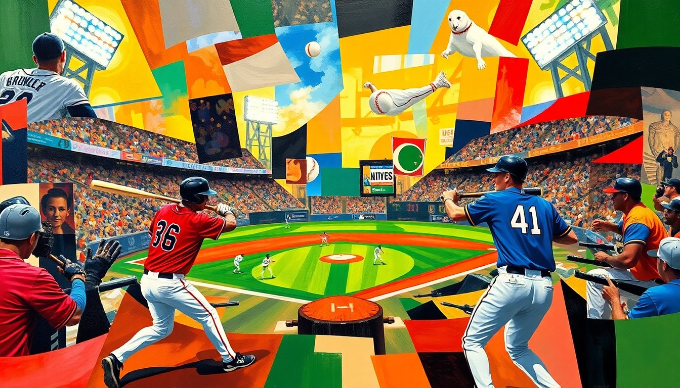 A cubist-style painting depicting a baseball game in motion, with fragmented geometric shapes representing the players, bats, and baseballs. The vibrant colors of the uniforms and stadium lights create a dynamic, energetic visual.