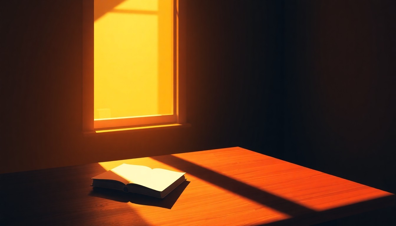 A cinematic painting of a solitary desk with a single book cover resting on it, the desk bathed in warm, diagonal sunlight and deep shadows, evoking a sense of quiet contemplation around the strategic use of political memoirs.
