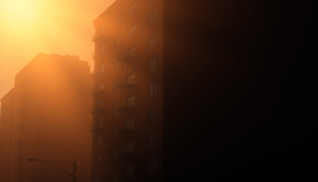 A serene, photorealistic painting of a multi-story apartment building in New York City, with warm sunlight streaming through the windows and deep shadows casting across the facade, conveying a sense of urban nostalgia and the challenges of housing affordability.