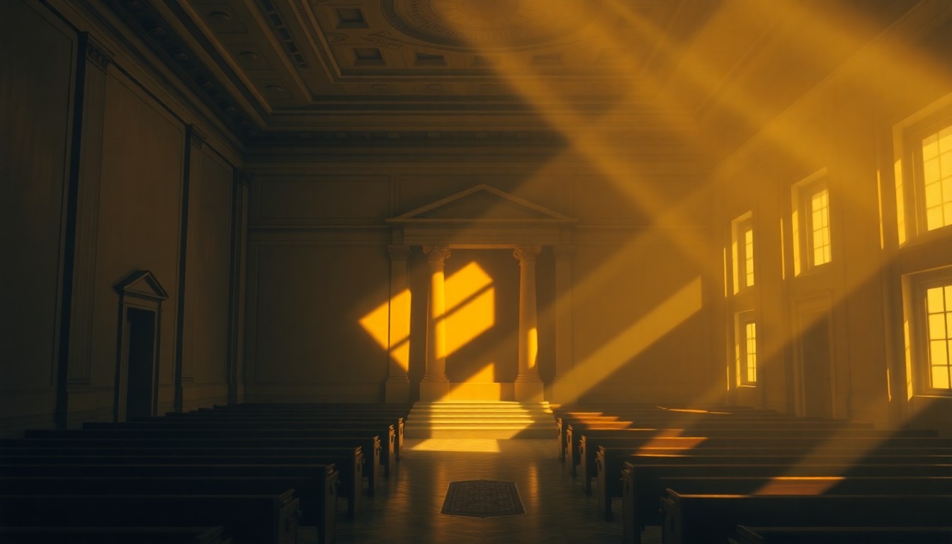 A dimly lit, cinematic painting of an empty government building or legislative chamber, with warm sunlight streaming through the windows and deep shadows cast across the interior. The scene conveys a sense of solemnity and contemplation, hinting at the high-stakes political battle unfolding within.