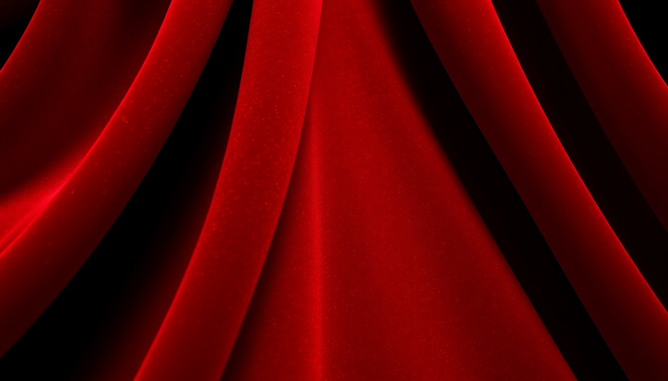 An extreme close-up photograph of lush, deep red velvet fabric, capturing the sumptuous, high-fashion textures and dramatic lighting associated with Hollywood red carpet glamour.