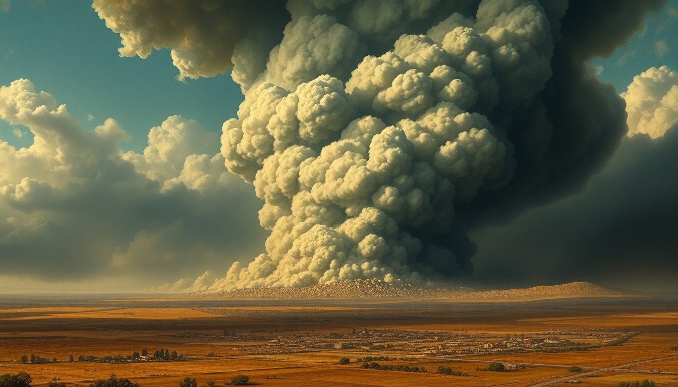 A vast, majestic landscape painting depicting a massive plume of smoke and debris rising from a small town in the distance, conveying the overwhelming, sublime scale of the natural disaster.