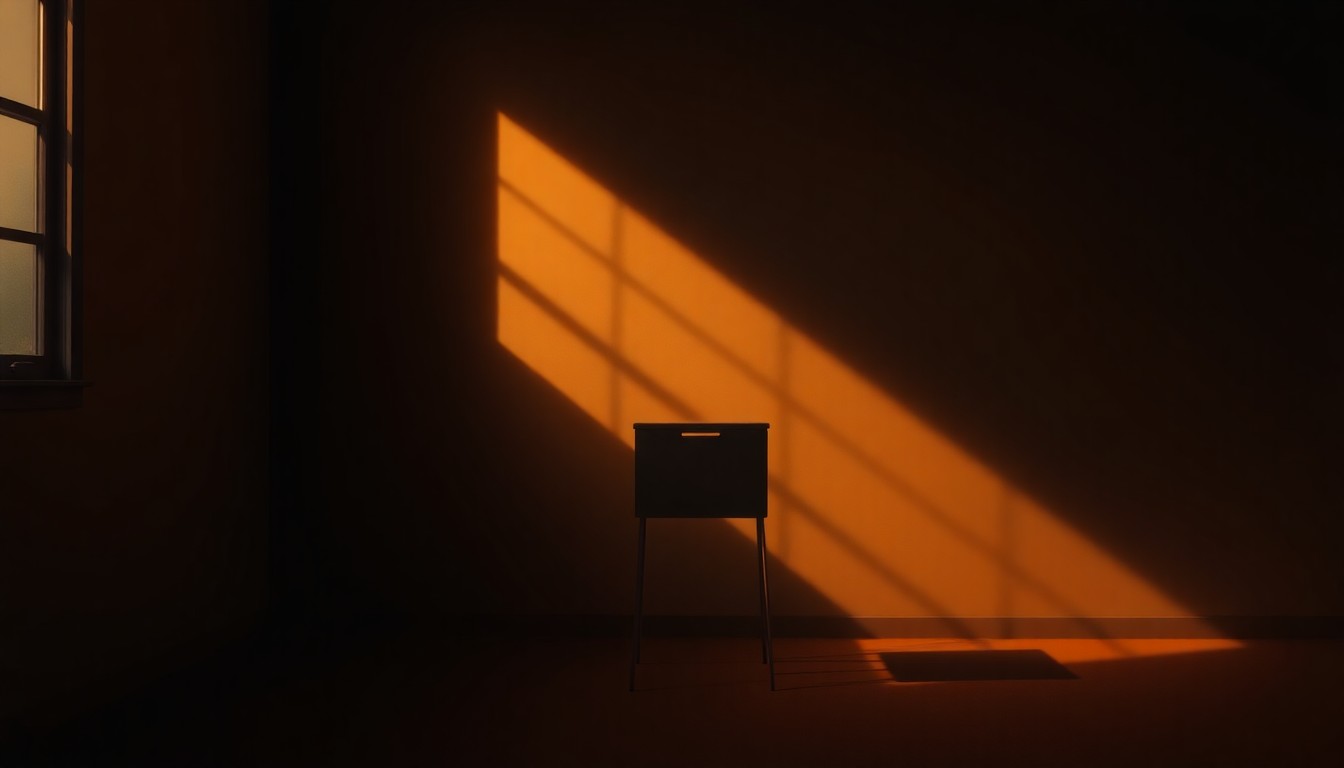 A serene, photorealistic painting of a lone ballot box or voting booth set against a backdrop of warm, golden sunlight and deep shadows, conveying the contemplative and civic-minded atmosphere of a local election.