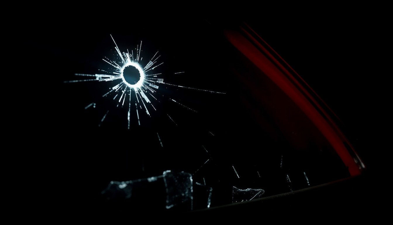An extreme close-up photograph of a shattered car window with a single bullet hole, captured in stark, dramatic lighting to convey the serious, investigative nature of the crime scene.