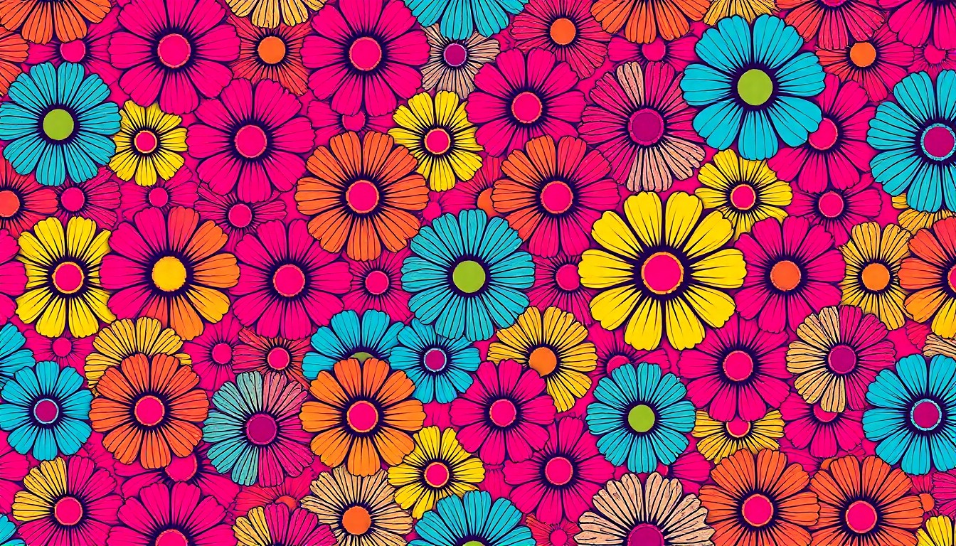 A high-contrast, silkscreen-style illustration of a repeating floral pattern in bright, neon colors, conceptually representing the bold, artistic floral designs featured in the Fleurs de Villes FLORA exhibition.