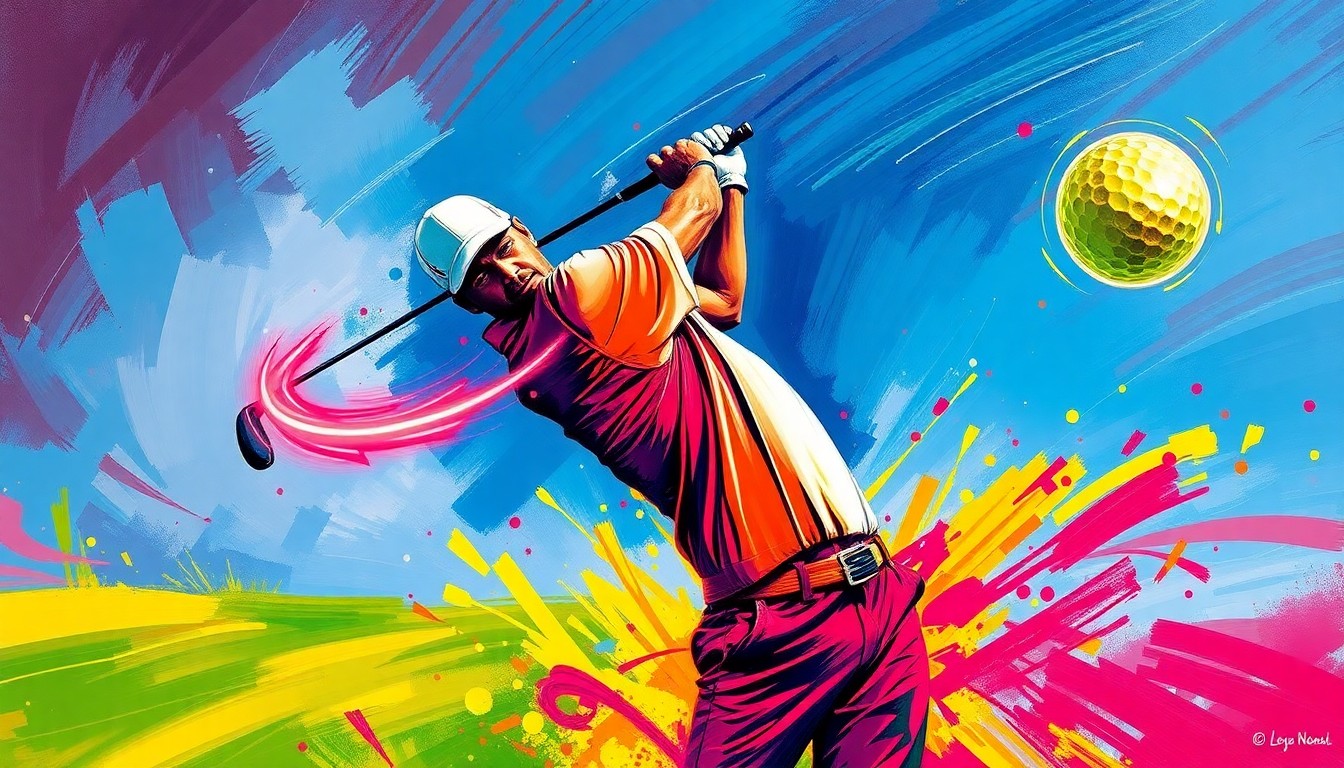 A vibrant, expressionist painting depicting the dynamic motion of a professional golfer mid-swing, with the golf ball trailing a neon streak through the air, capturing the raw energy and excitement of the tournament's opening round.