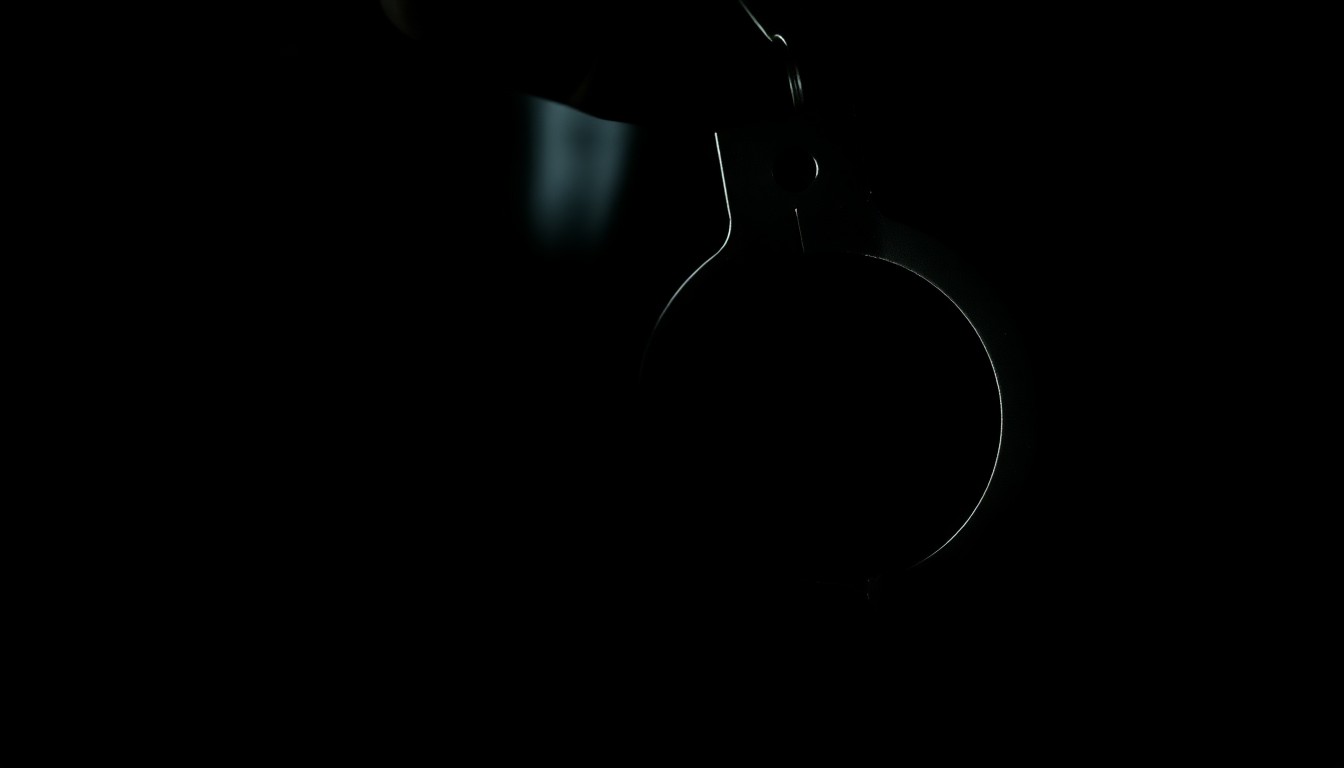 An extreme close-up photograph of a police badge or handcuffs against a pitch-black background, lit by a harsh, direct camera flash, creating a stark, gritty, investigative aesthetic.