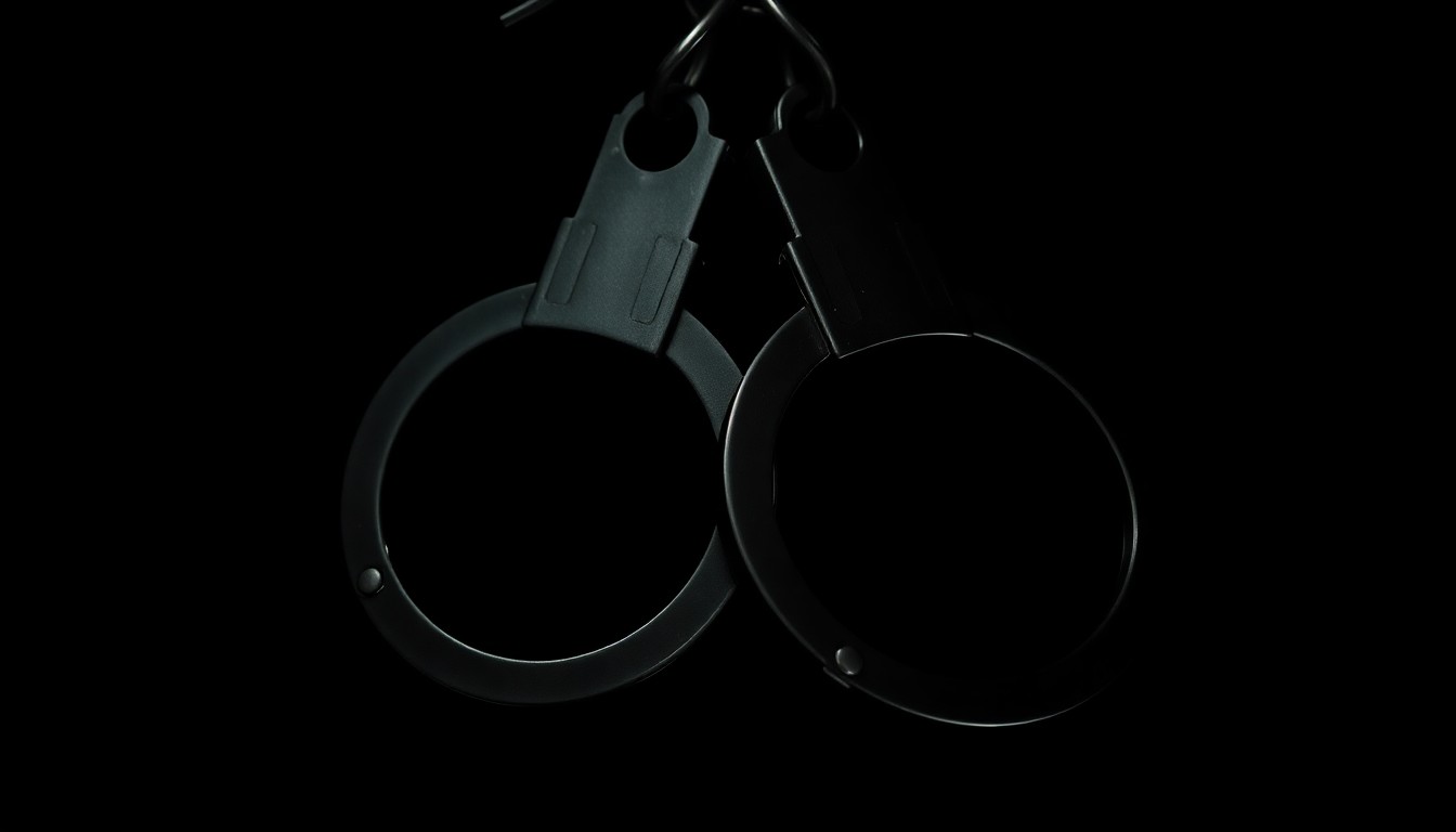 An extreme close-up photograph of a pair of handcuffs against a pitch-black background, dramatically lit by a harsh camera flash, conceptually representing the gritty realities of law enforcement's response to urban crime.