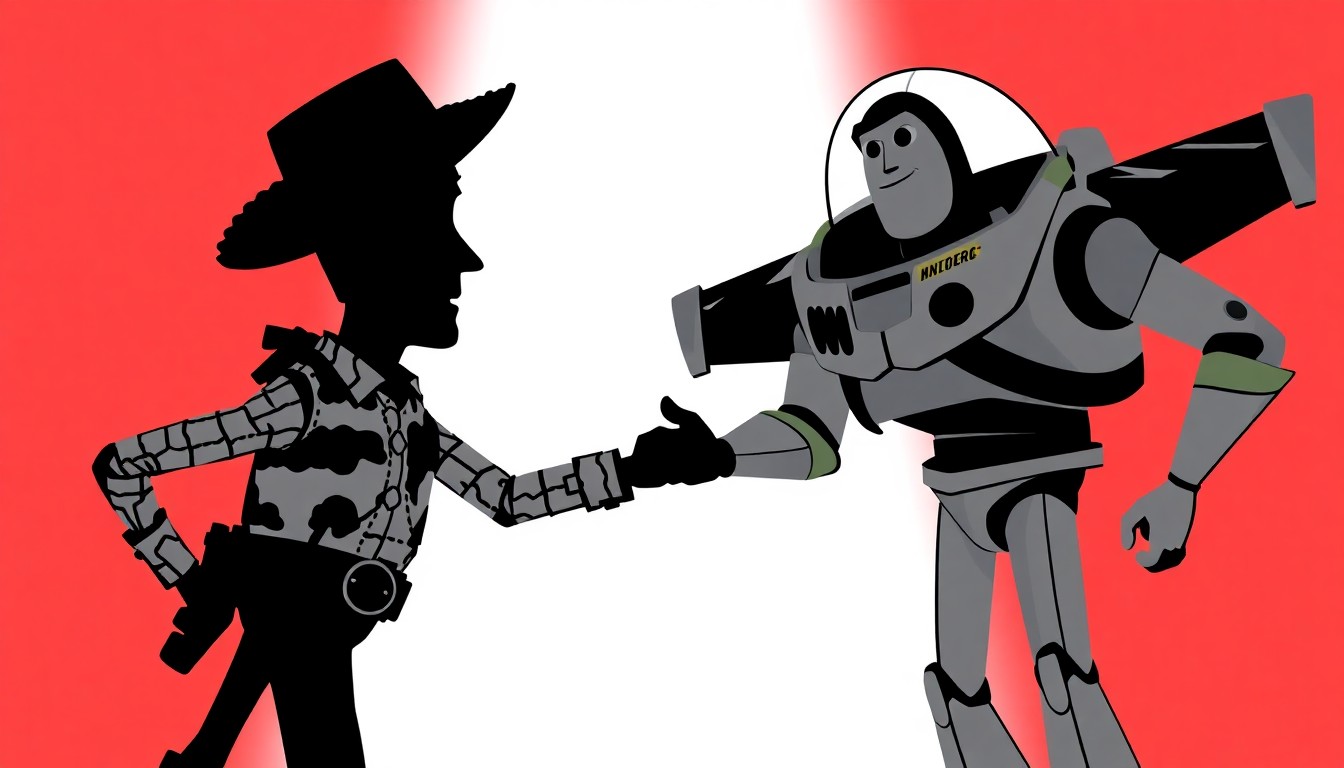 An abstract, minimalist illustration featuring stark black silhouettes of the Toy Story characters Woody and Buzz Lightyear in a confrontational pose, set against a high-contrast background of solid colors, conveying the conflict at the heart of the upcoming film.