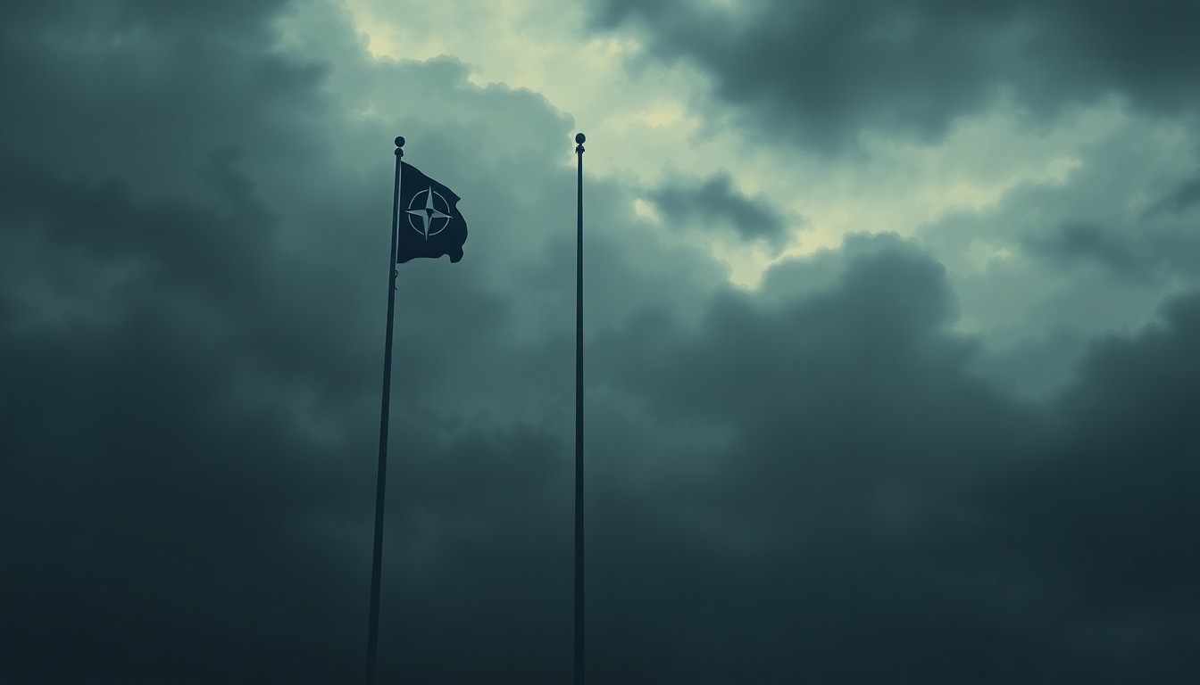 A quiet, cinematic painting of a solitary NATO flag pole bathed in warm, diagonal sunlight and deep shadows, conveying a sense of political tension and the need for a new path forward for the transatlantic alliance.