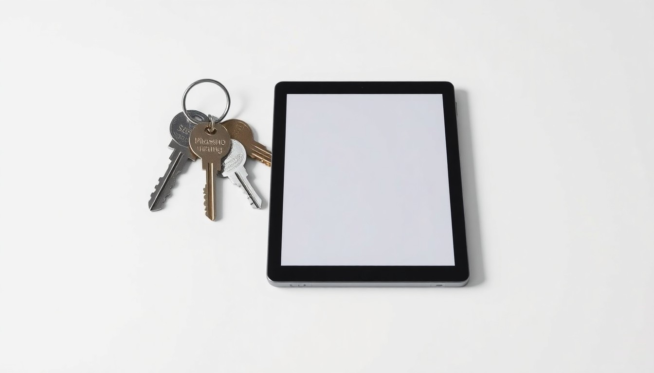 A high-end, photorealistic studio still-life photograph featuring a set of modern, polished metal keys and a sleek, minimalist digital tablet device floating on a clean white background, conceptually representing the abstract concepts of short-term rental pricing and the evolving Airbnb market.