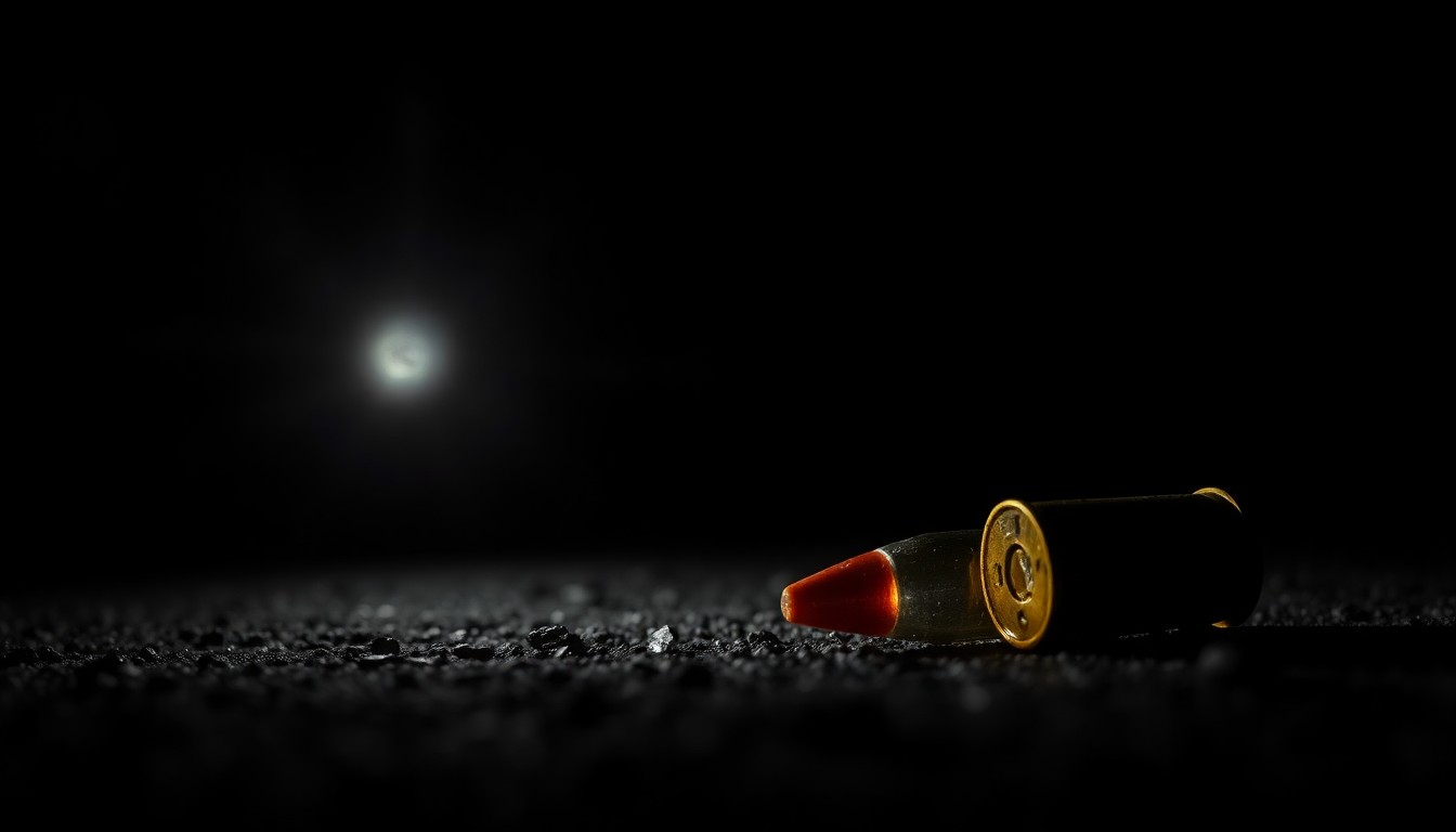 An extreme close-up of a spent bullet casing on the ground, lit by a harsh flash, conveying the gritty, investigative nature of the recent violence in the community.