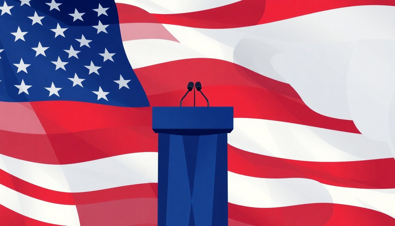 A dynamic, abstract painting featuring a fragmented, overlapping image of a podium and American flag, conveying the energy and tension surrounding the former president's political rally.
