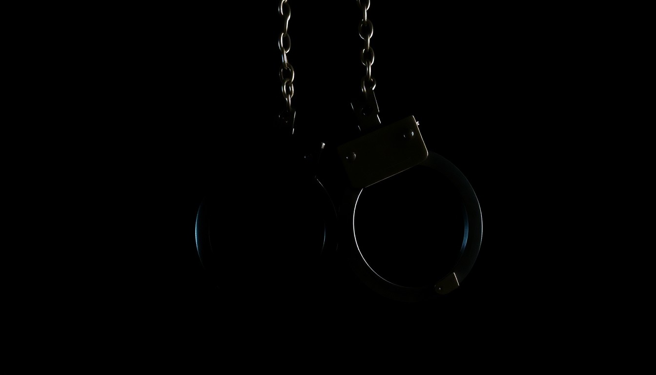An extreme close-up of a pair of metal handcuffs against a completely black background, the harsh lighting creating dramatic shadows and textures to convey a sense of gritty investigation into a tragic incident.