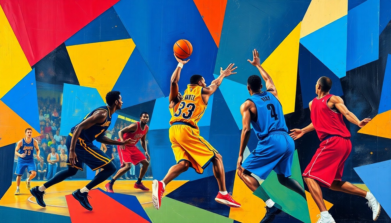 A cubist, geometric painting depicting the dynamic action of a basketball game, with the players' forms abstracted into sharp, overlapping shapes in a vibrant color palette.