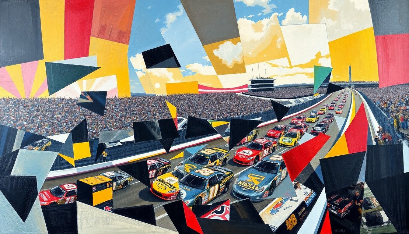 A fractured, multi-perspective painting depicting the intense action of a NASCAR race at Bristol Motor Speedway, with the car and track elements deconstructed into sharp, overlapping geometric shapes and planes in a cubist style.