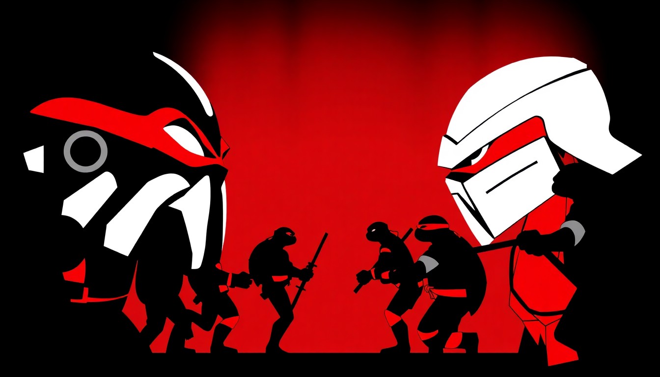 A bold, abstract illustration in the style of Saul Bass, featuring stark black silhouettes of the Teenage Mutant Ninja Turtles and their villains Krang and Shredder, set against a high-contrast background of solid red and white geometric shapes, conceptually representing the epic showdown to come.