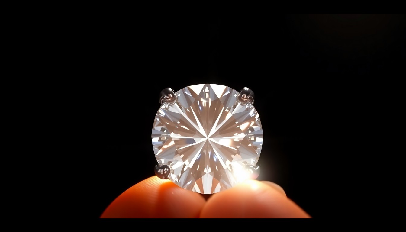 An extreme close-up photograph of a diamond engagement ring, capturing the luxurious, high-contrast textures and dramatic lighting to evoke the glamour and romance of the couple's relationship.