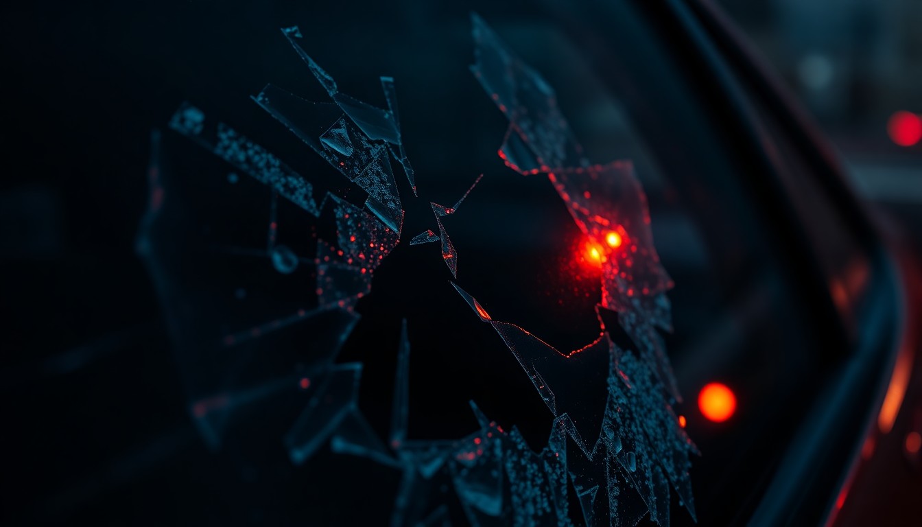 An extreme close-up photograph of a shattered car window lens reflecting a faint red light, conveying the stark, gritty, and investigative nature of this violent crime story.