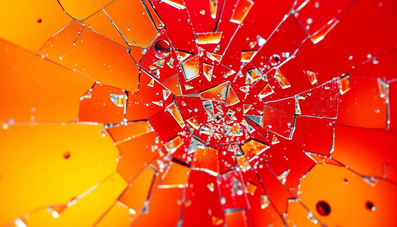 An extreme close-up photograph of shattered glass shards in a kaleidoscope of vibrant red, yellow, and blue hues, conceptually representing the conflicting tones and textures of the new Street Fighter movie trailer.