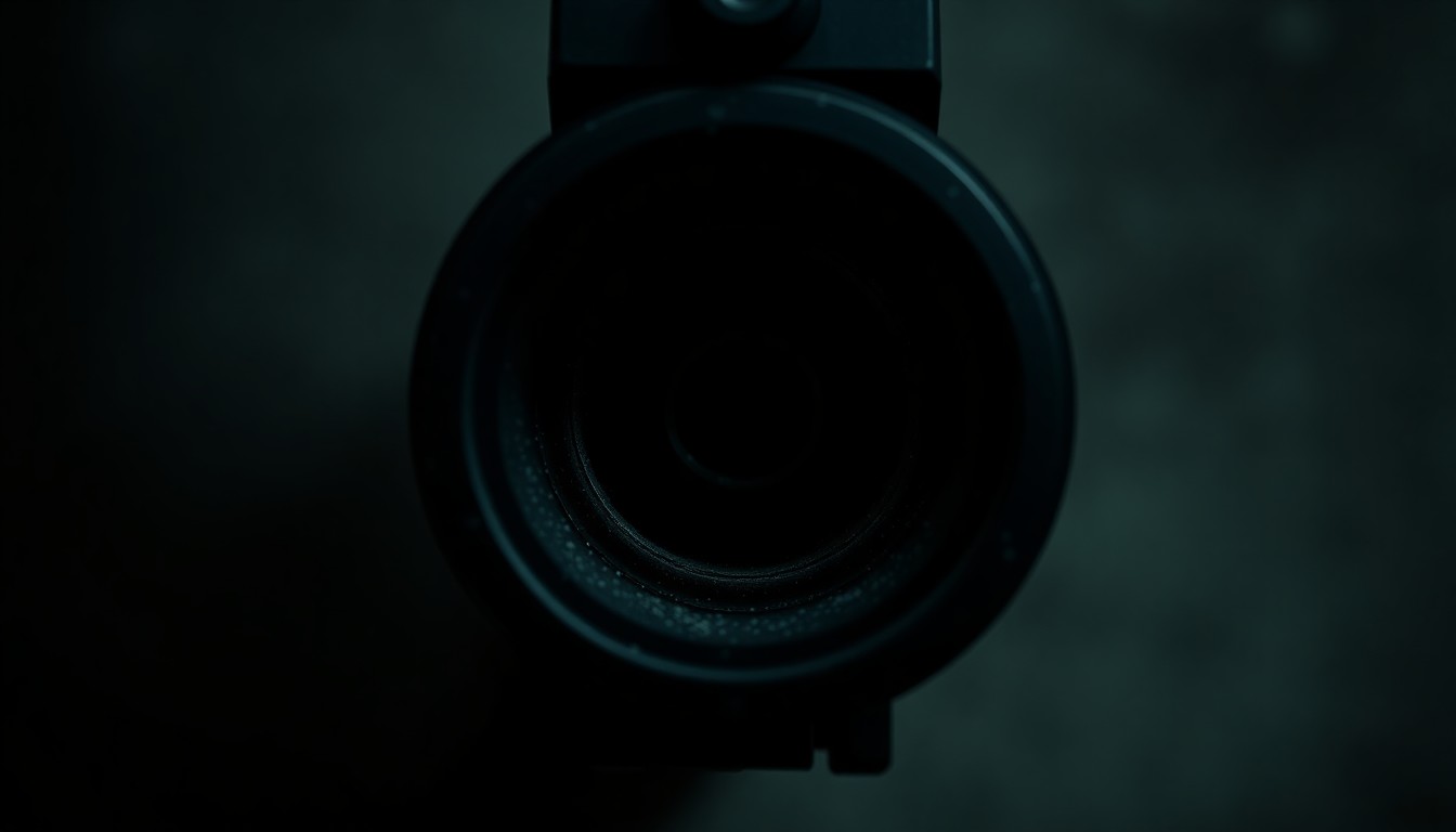 An extreme close-up photograph of a gun barrel pointed directly at the camera, creating a stark, gritty, investigative aesthetic that conceptually illustrates the threat faced by the firefighters.
