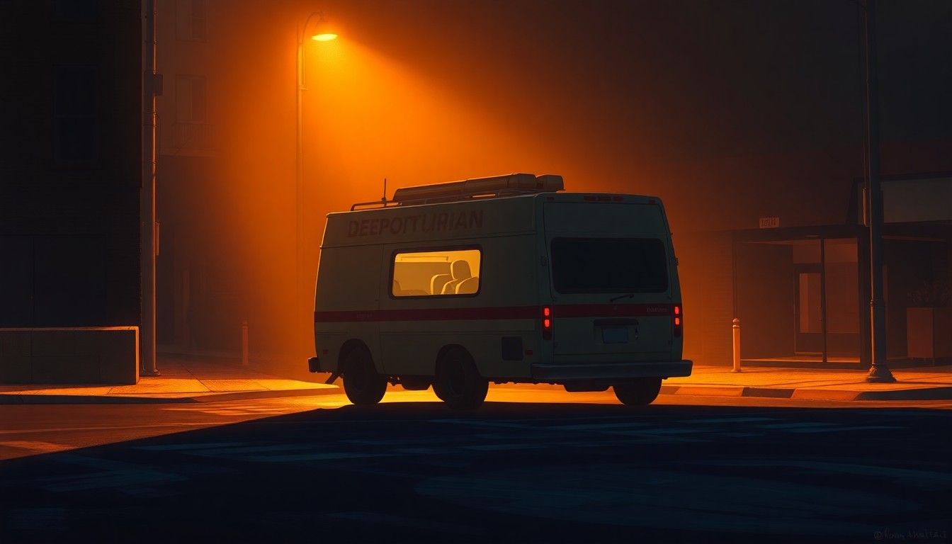 A cinematic painting of a solitary deportation van parked on a dimly lit city street, the vehicle's silhouette casting long shadows across the pavement as warm sunlight streams in from the side, conceptually illustrating the somber mood and uncertainty surrounding increased deportations.