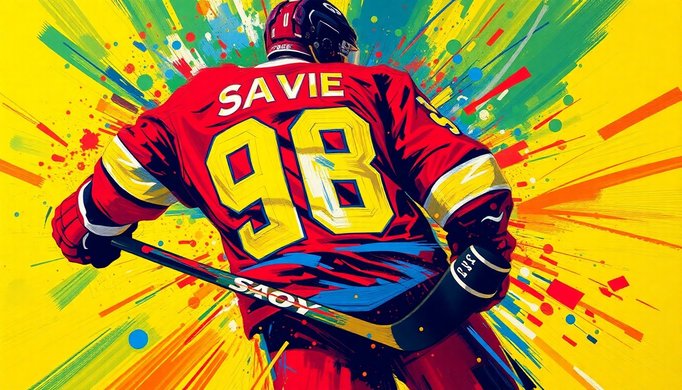 An abstract, expressionist painting featuring vibrant neon brushstrokes and splatters of color that capture the raw energy and excitement of a hockey game, with the player's jersey number and the puck blending into the dynamic composition.