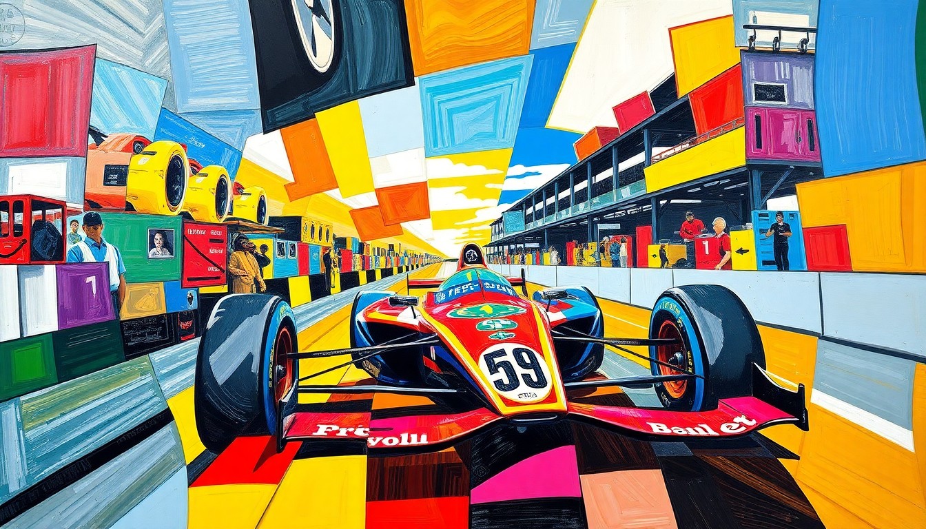 A cubist, geometric painting featuring fragmented, overlapping shapes and planes of bright blues, reds, and yellows, conceptually representing the dynamic action and competition of an INDYCAR race.
