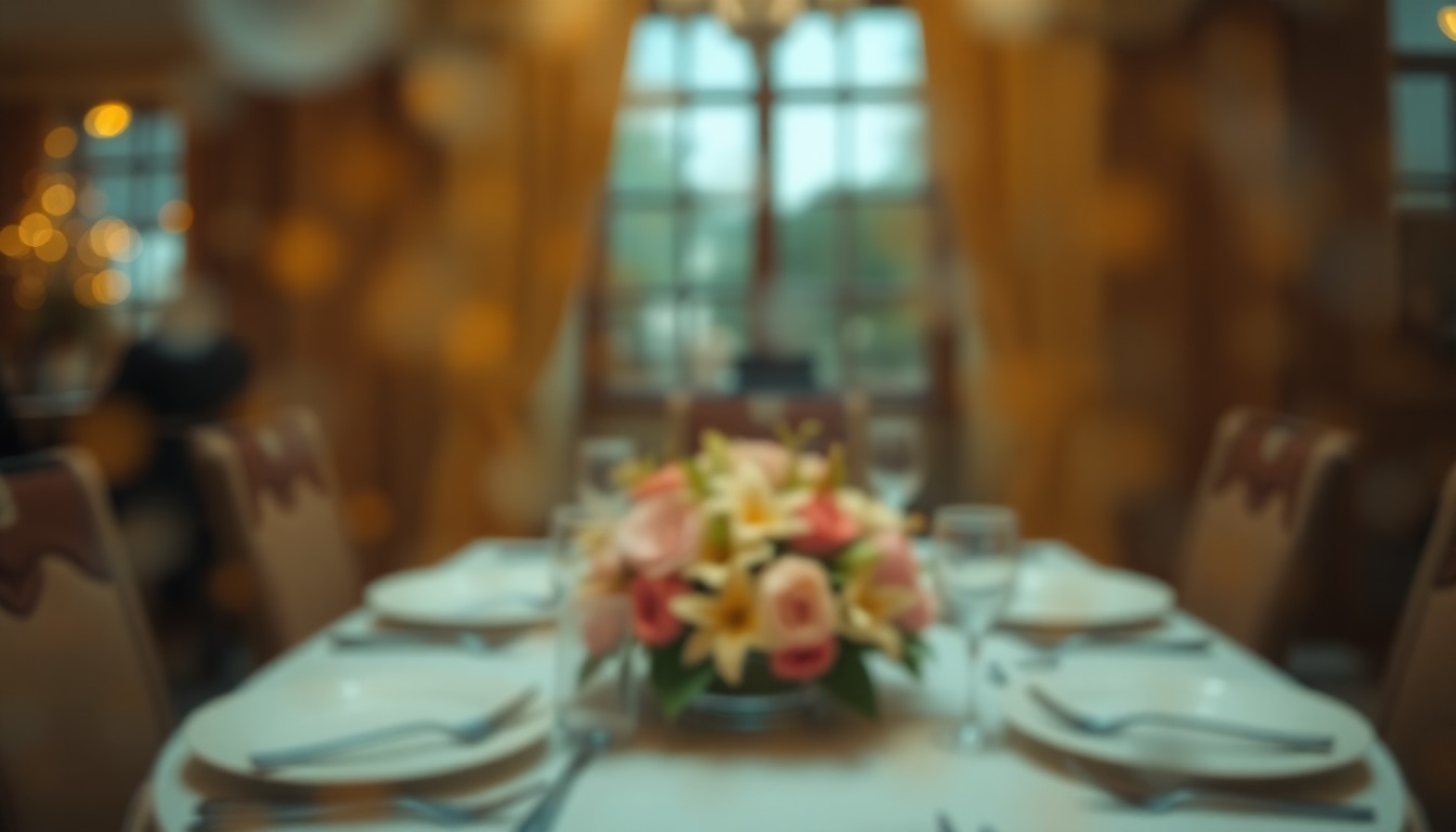An abstract, impressionistic photograph of a blurred table setting with plates, utensils, and a floral centerpiece, conveying a sense of warmth, intimacy, and nourishment.