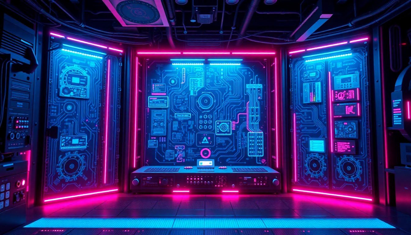 A highly detailed, glowing 3D illustration of a futuristic AI control panel or data center infrastructure, with neon cyan and magenta lights illuminating the complex circuitry and hardware. The image conveys a sense of both power and peril, reflecting the lawmakers' anxieties about the transformative potential and risks of artificial intelligence.
