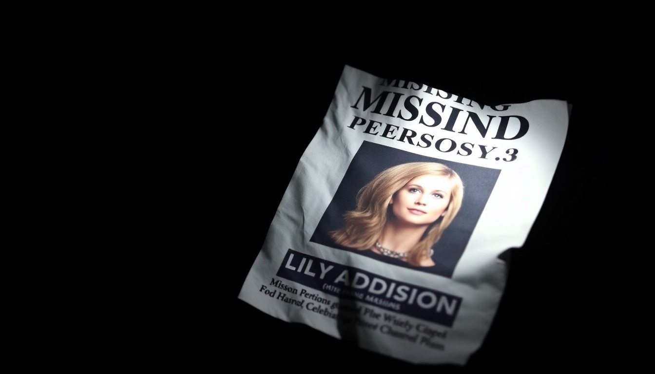An extreme close-up of a crumpled missing persons flyer with a photo of a young girl, dramatically lit by a harsh camera flash against a dark background, conveying the urgency and gravity of the search for the missing teenager.