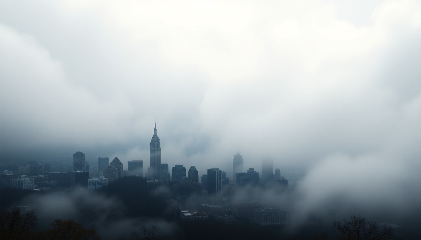 A sweeping, atmospheric landscape painting depicting the Philadelphia skyline shrouded in heavy fog and mist, with the cityscape dwarfed by the overwhelming scale of the natural elements.