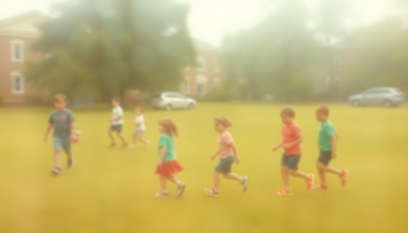 An abstract, impressionistic scene of children playing on a grassy field, with the image blurred and softened through a hazy, rain-streaked lens, conveying a sense of warmth and natural connection.