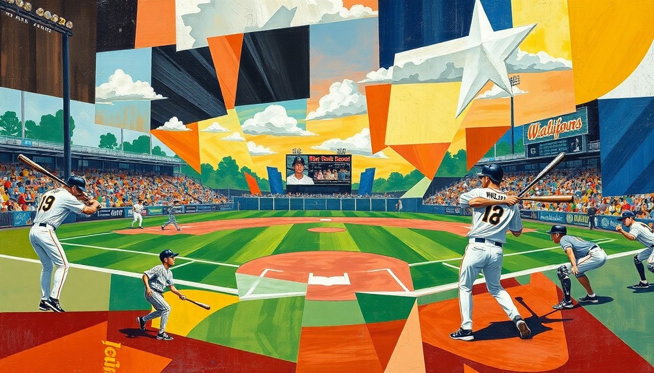 A cubist-style painting featuring overlapping geometric shapes and planes representing players, bats, and a baseball field, conveying the intense action and momentum shifts of the game between the two high school teams.